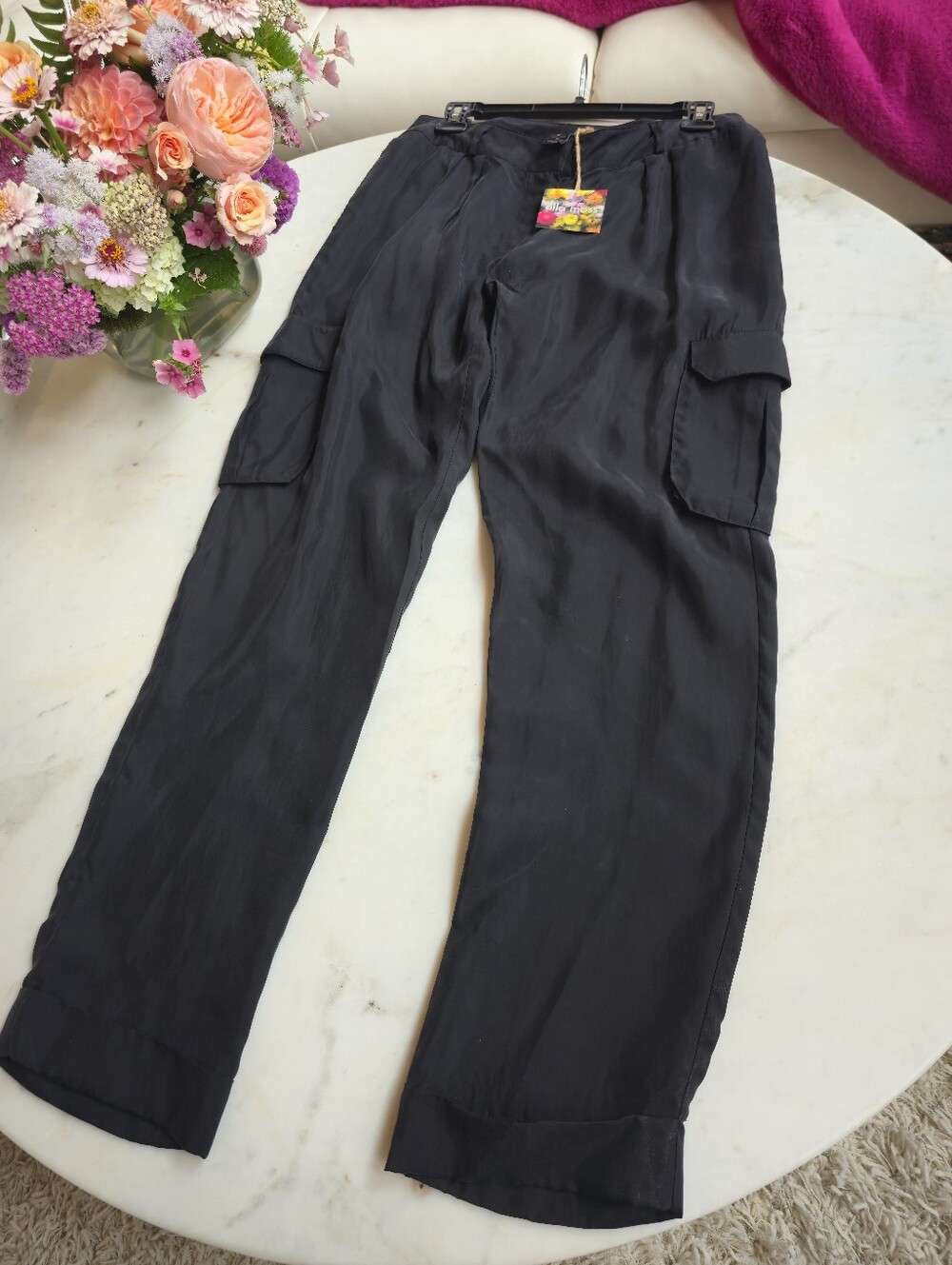 NWT Ella Moss Black Vegan Silk Cargo Pants Size Medium